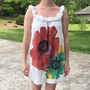 Ruffle Neckline Bubble Hem White Sleeveless Dress Large Flowers BoHo Sz S
